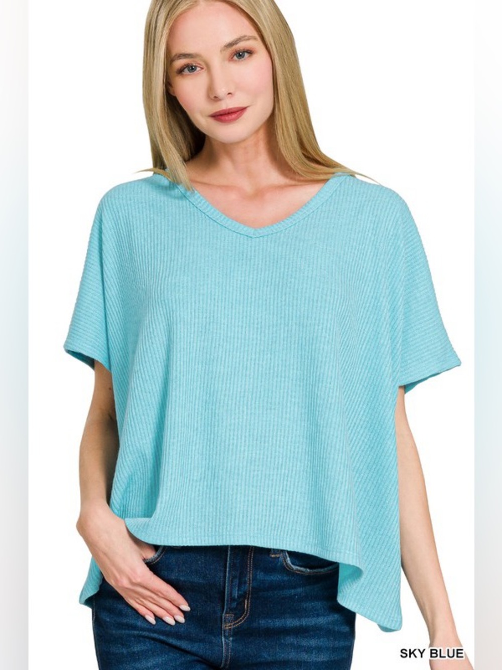 Zenana Ribbed V-Neck Short-Sleeve Knit Top